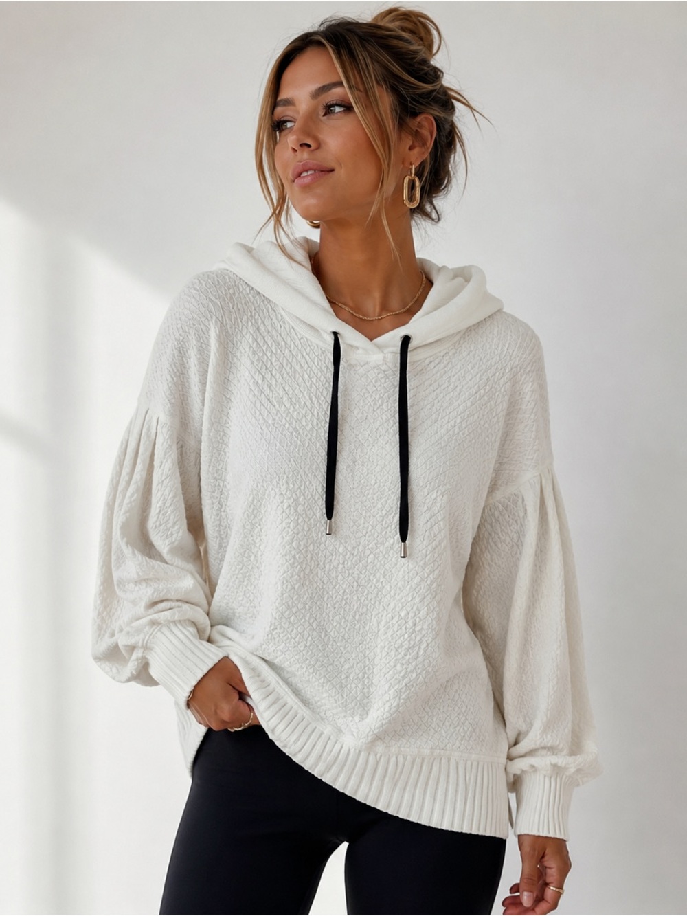 Free People Off White Textured Cowl Neck Hoodie Sweater Boho Cozy Sz L